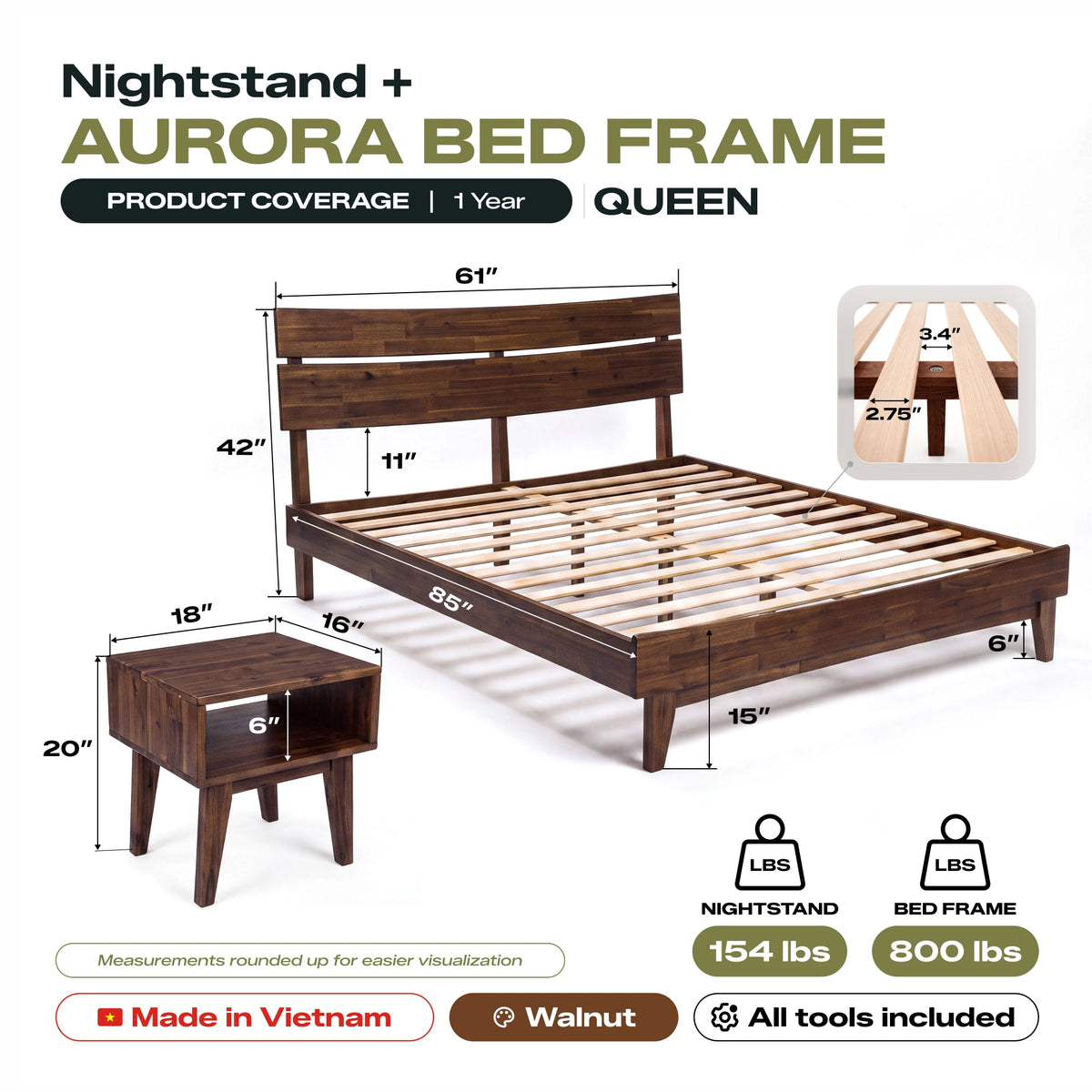 Aurora Solid Wood Bed Frame and Nightstand Set