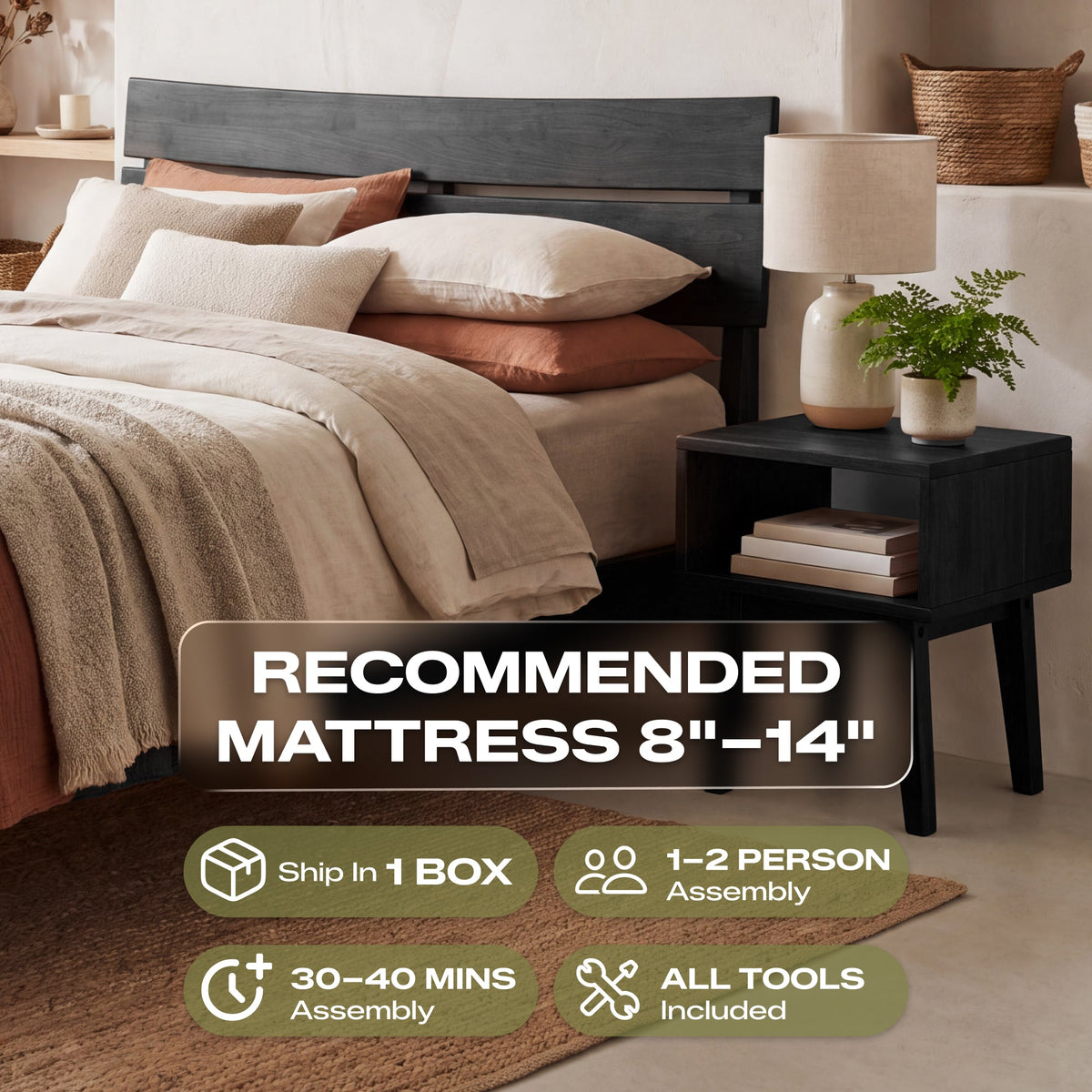 Aurora Solid Wood Bed Frame and Nightstand Set