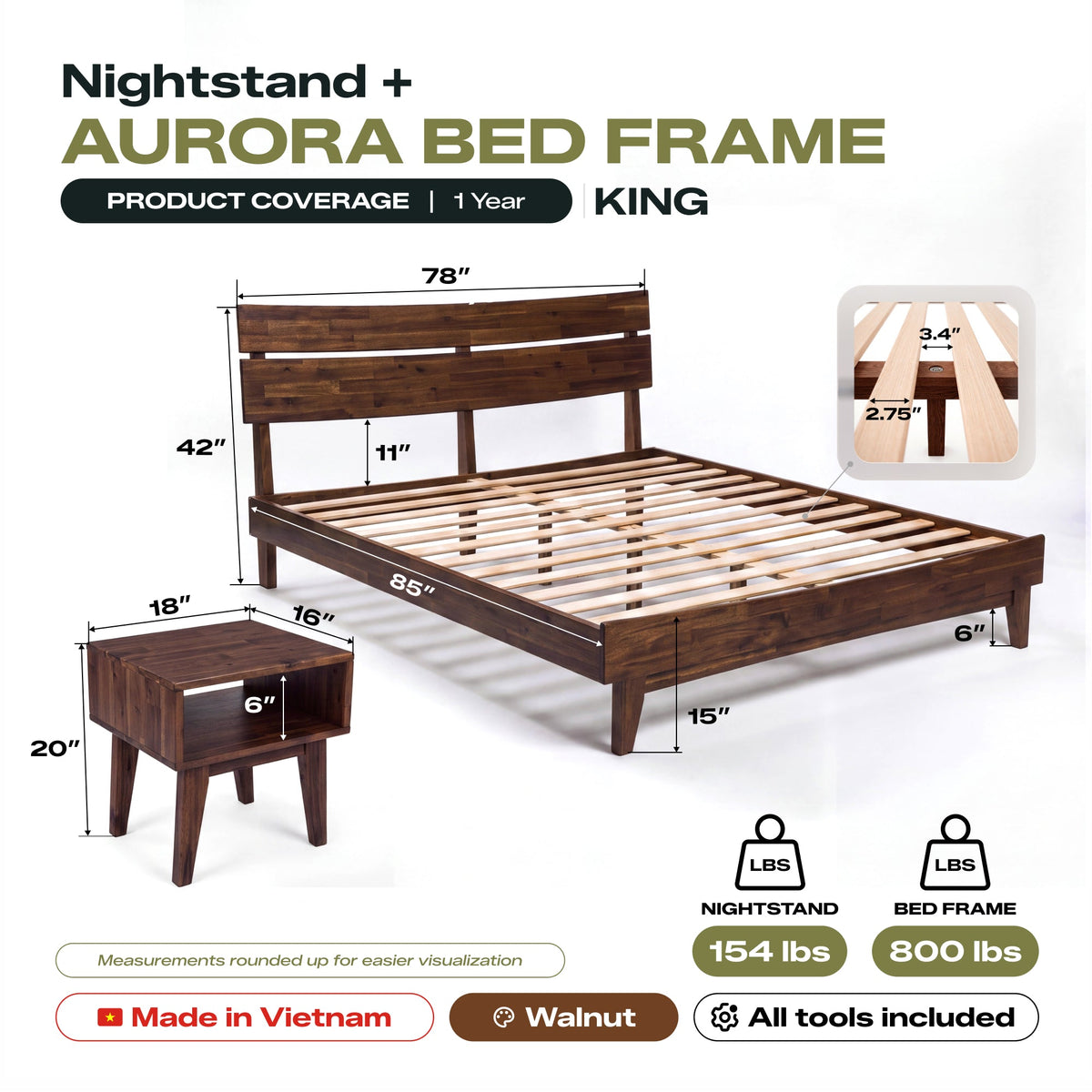 Aurora Solid Wood Bed Frame and Nightstand Set