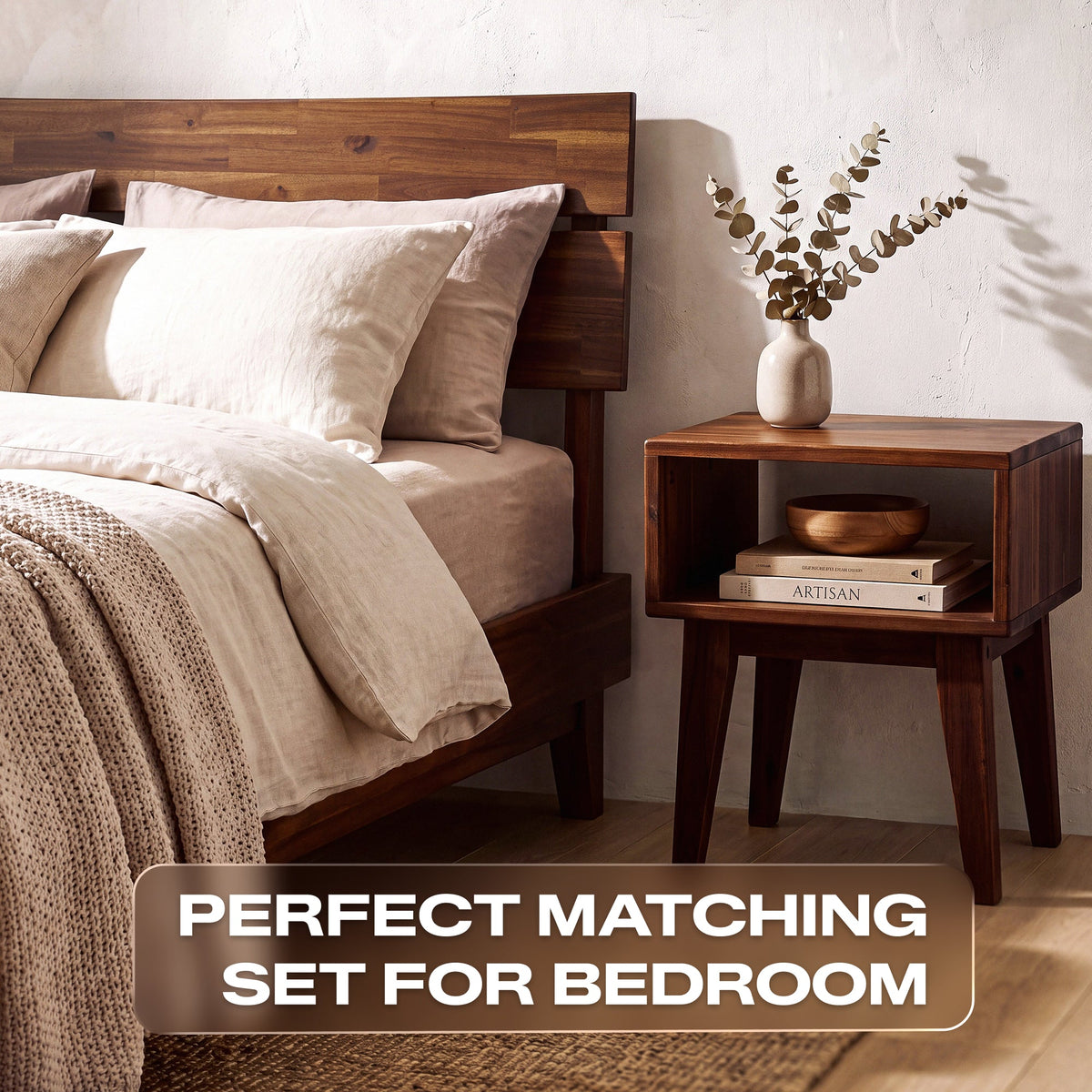 Aurora Solid Wood Bed Frame and Nightstand Set