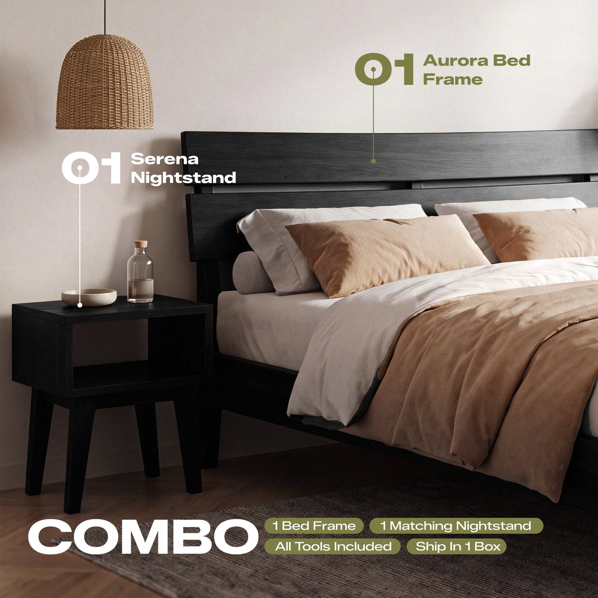 Aurora Solid Wood Bed Frame and Nightstand Set