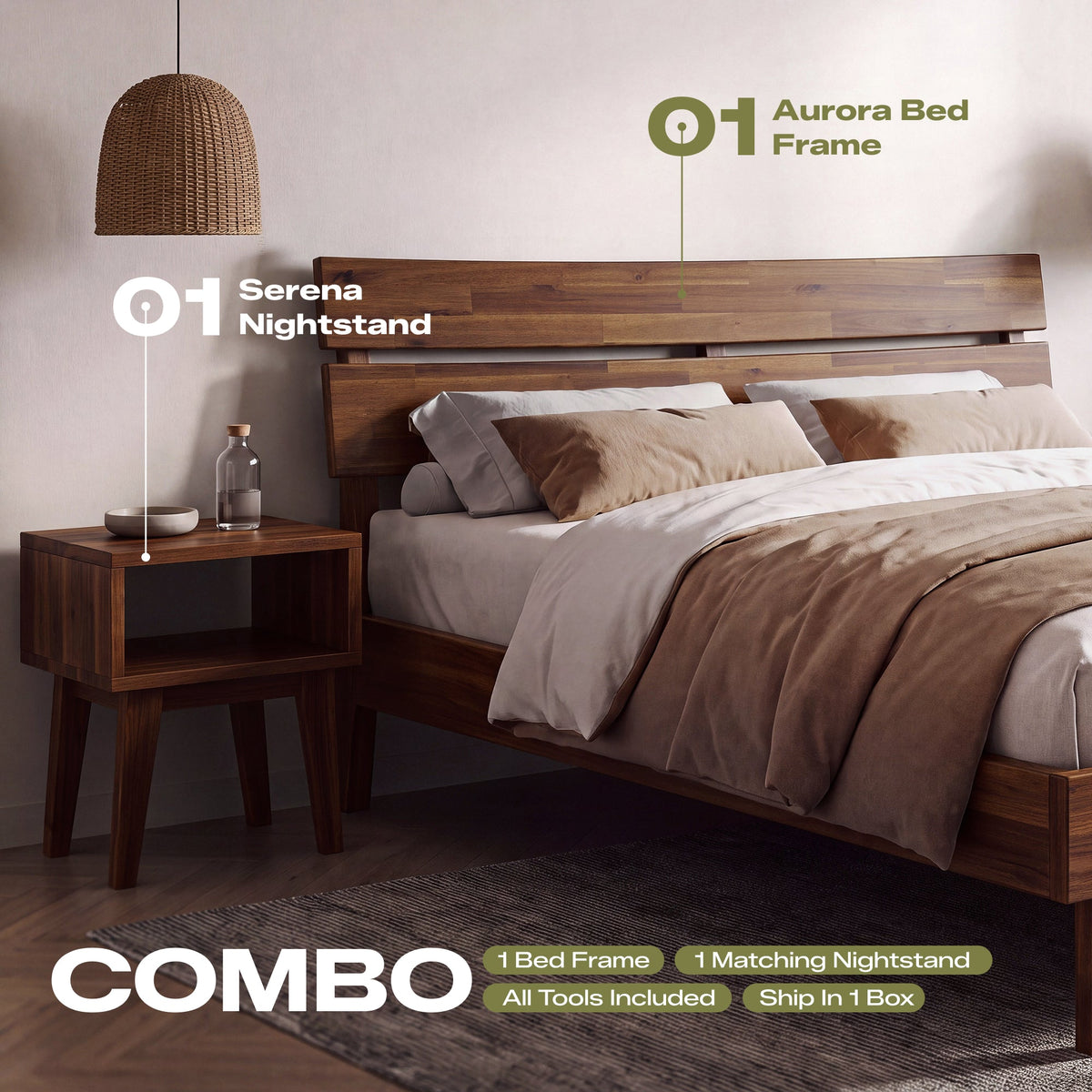 Aurora Solid Wood Bed Frame and Nightstand Set