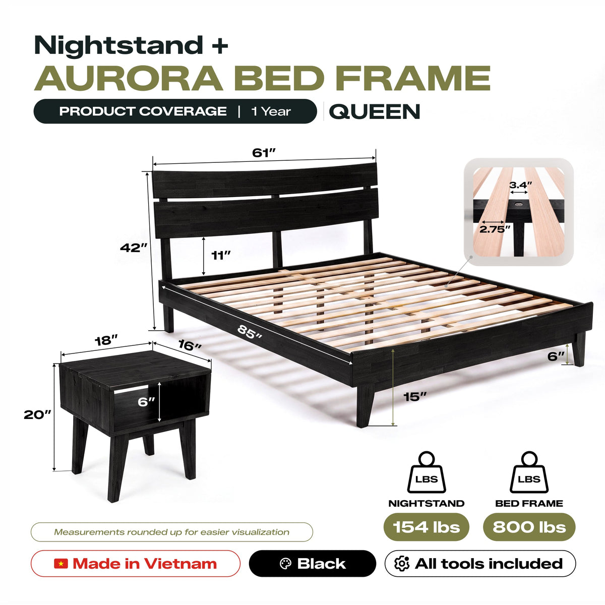 Aurora Solid Wood Bed Frame and Nightstand Set