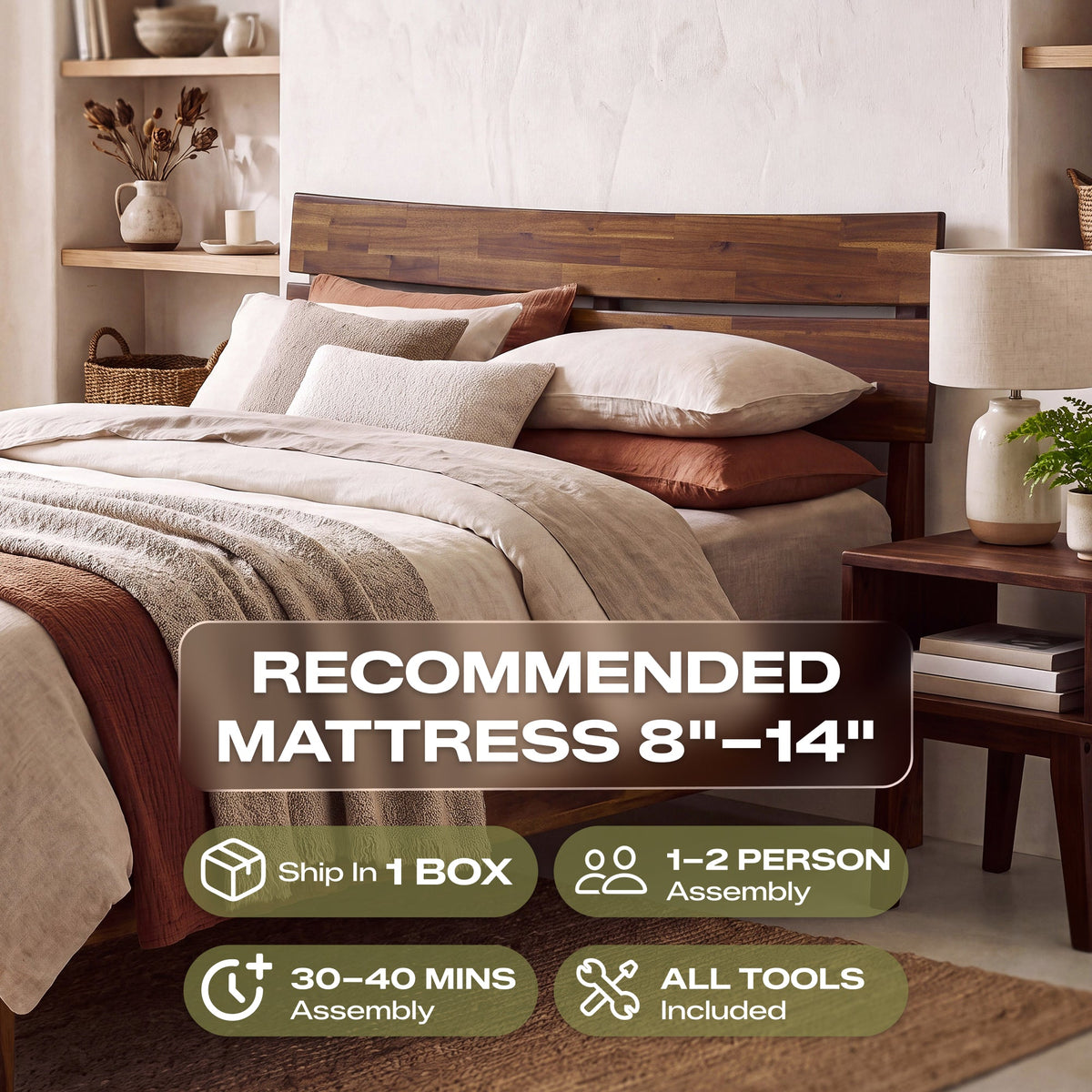 Aurora Solid Wood Bed Frame and Nightstand Set