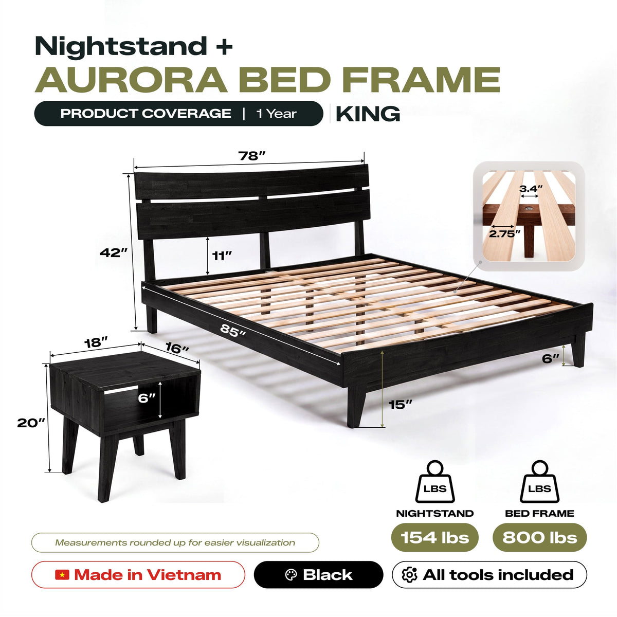 Aurora Solid Wood Bed Frame and Nightstand Set