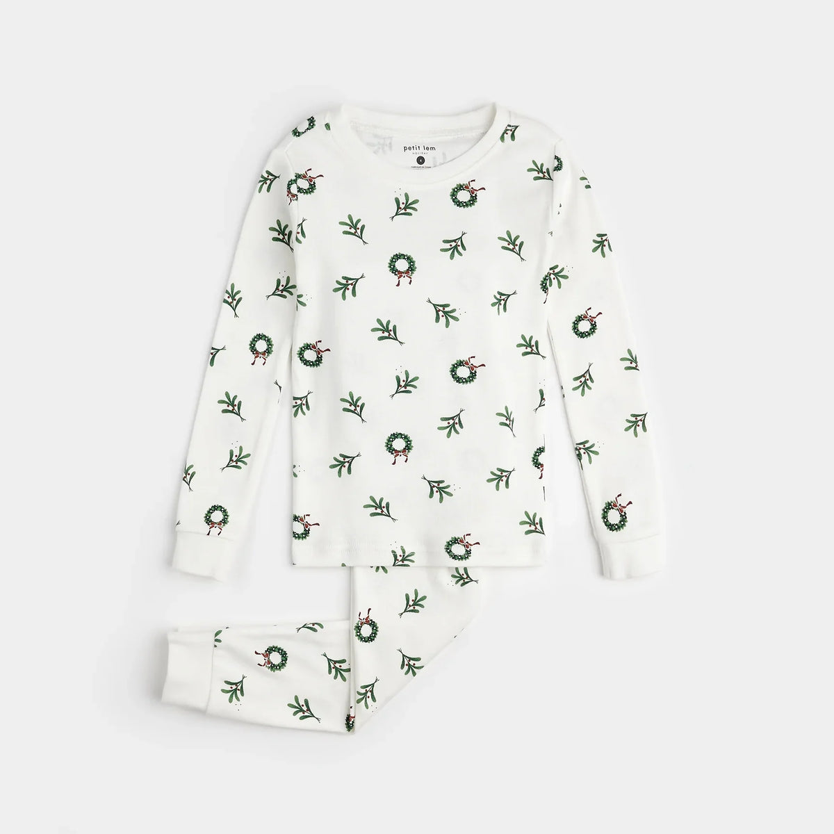 Wreaths Print on Off-White PJ Set | Petit Lem