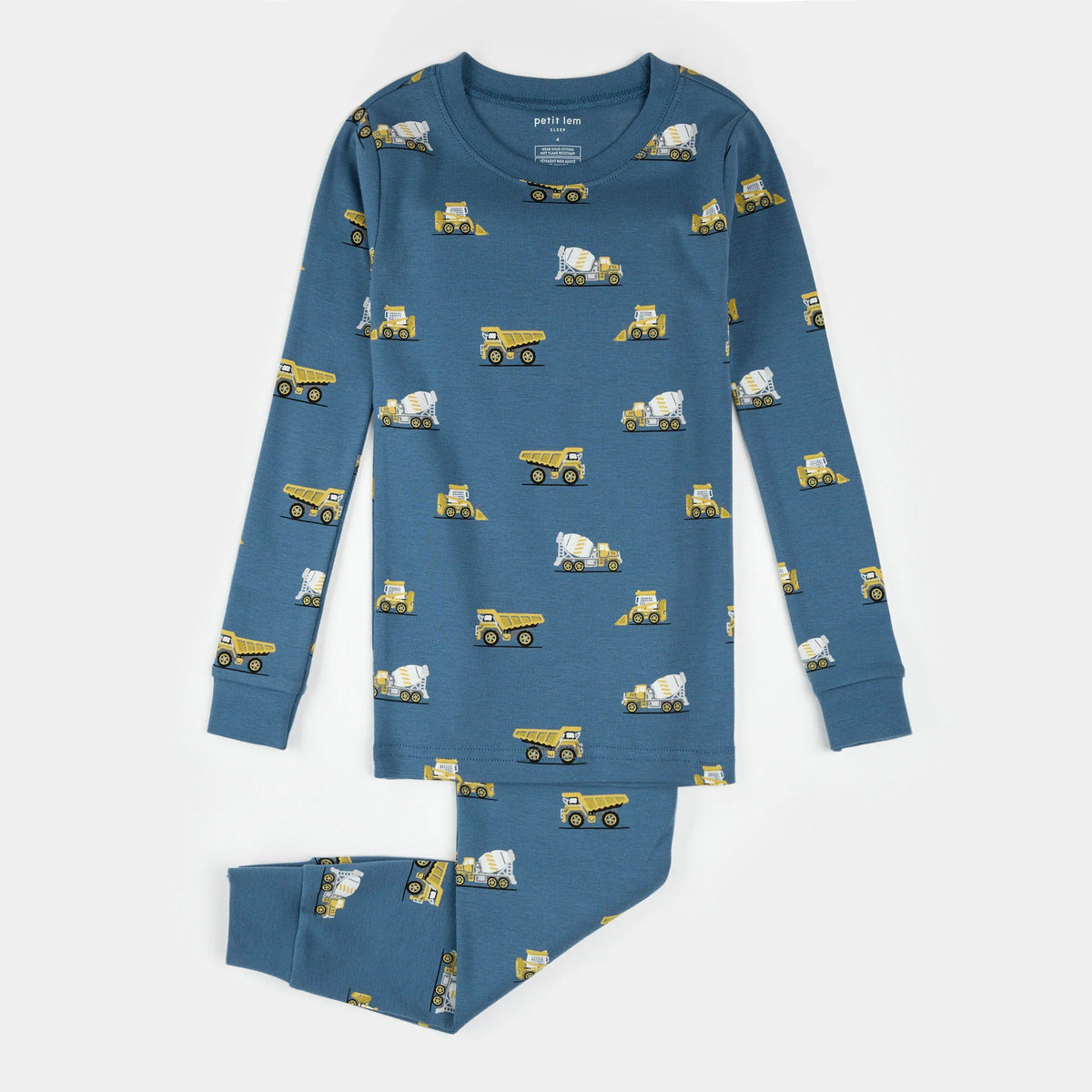 Petit Lem Construction Truck Print PJ Set, Cobalt Blue