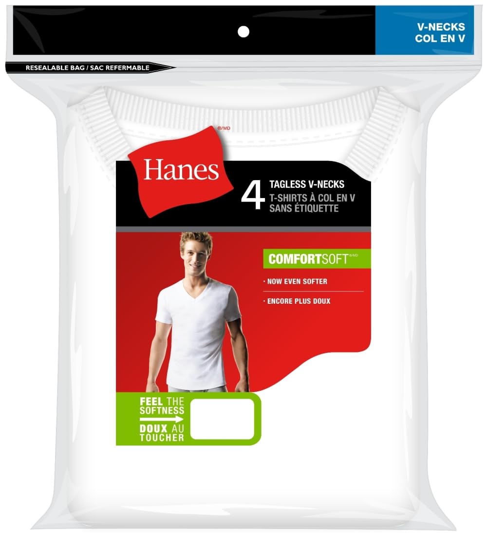Hanes Men's ComfortSoft FreshIQ V-Neck T-Shirt, 4 Pack, White, 2XL