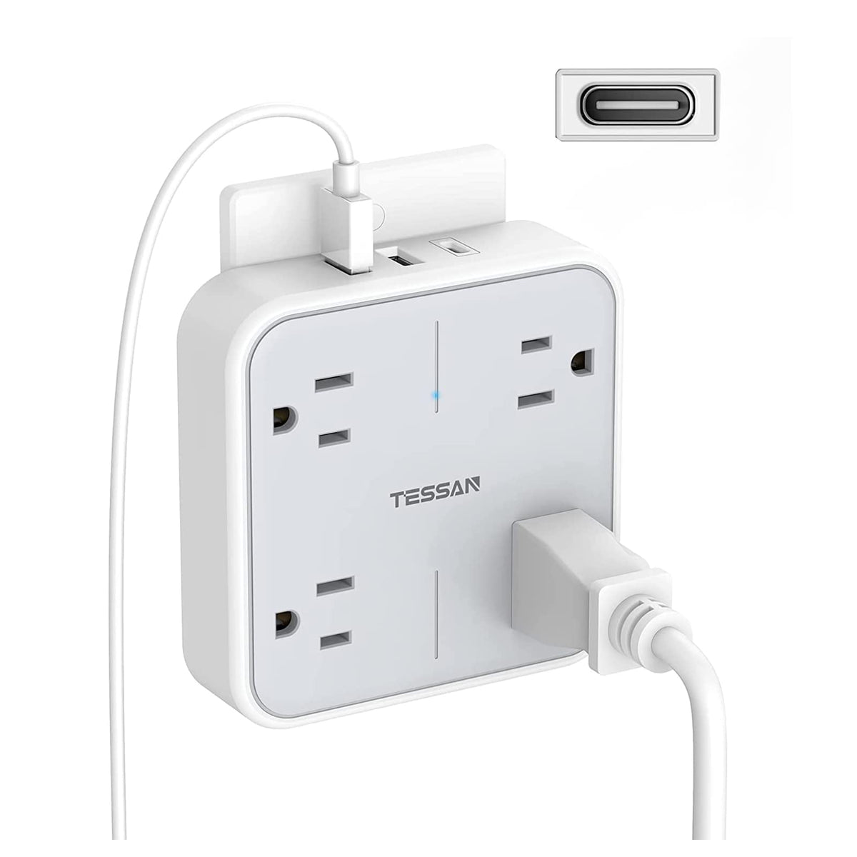 TESSAN 4 Outlet Wall Extender with USB-C & 2 USB-A Ports, Grey