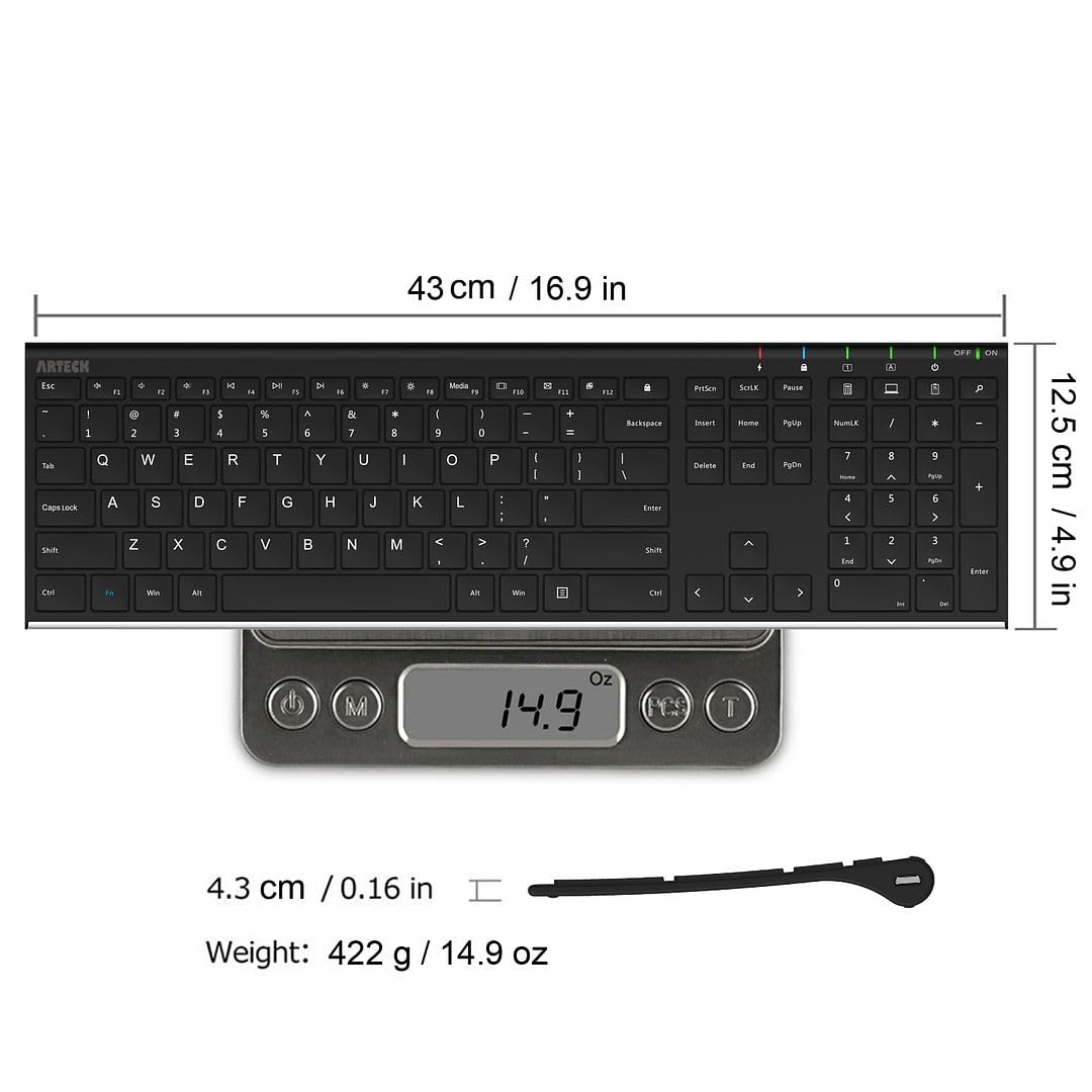 Arteck 2.4G Wireless Slim Stainless Steel Keyboard with Numeric Keypad