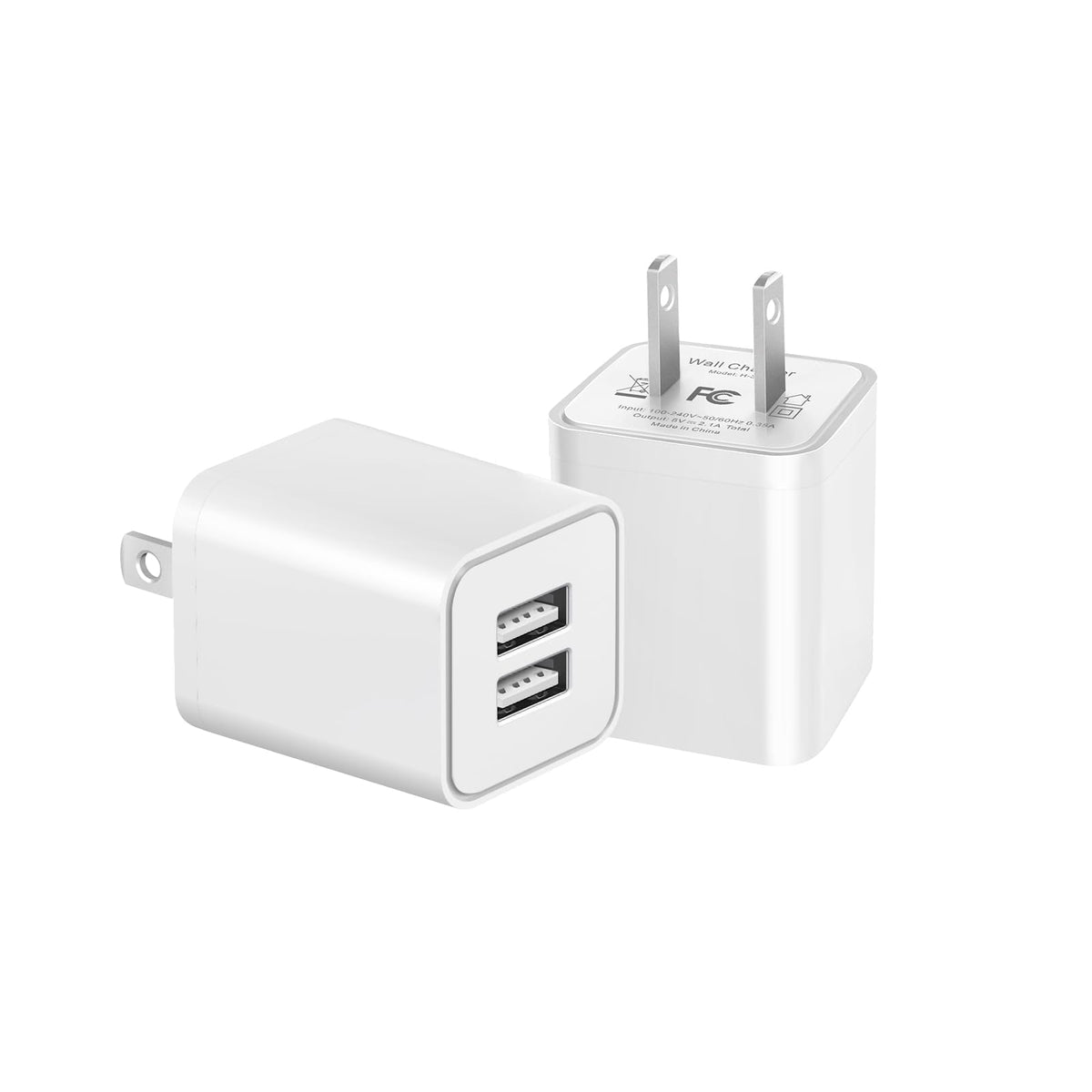Dual Port USB Wall Charger Block, 2.1A, 2 Pack