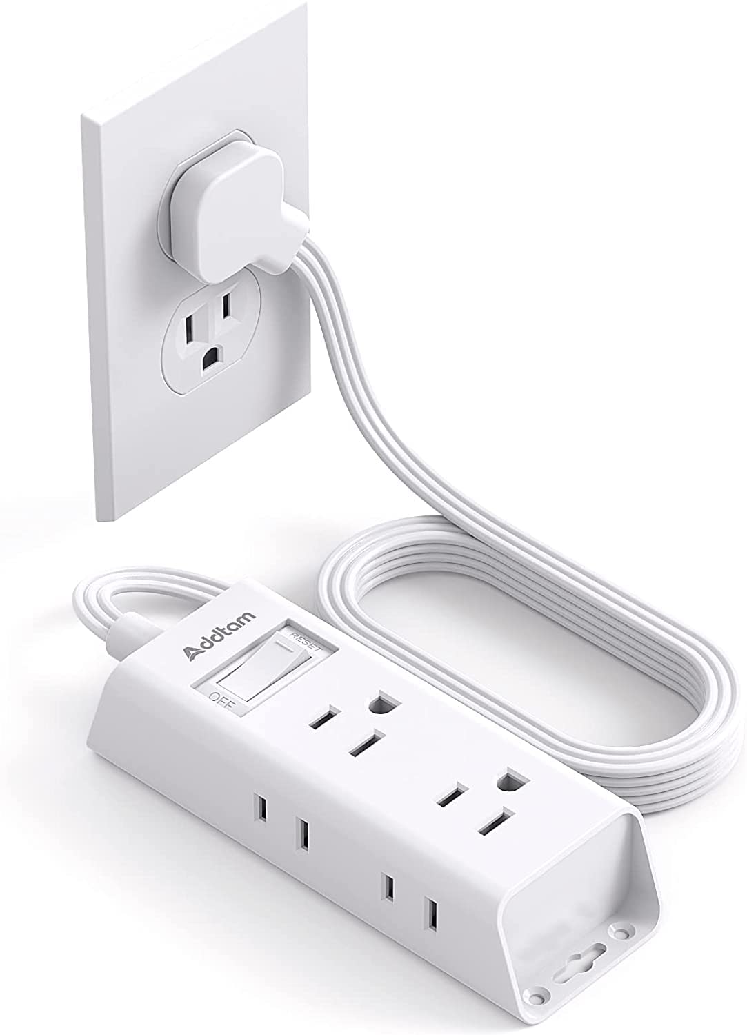 Addtam Ultra Flat Plug Power Bar, 6 Outlets, No Surge Protector, 5 ft