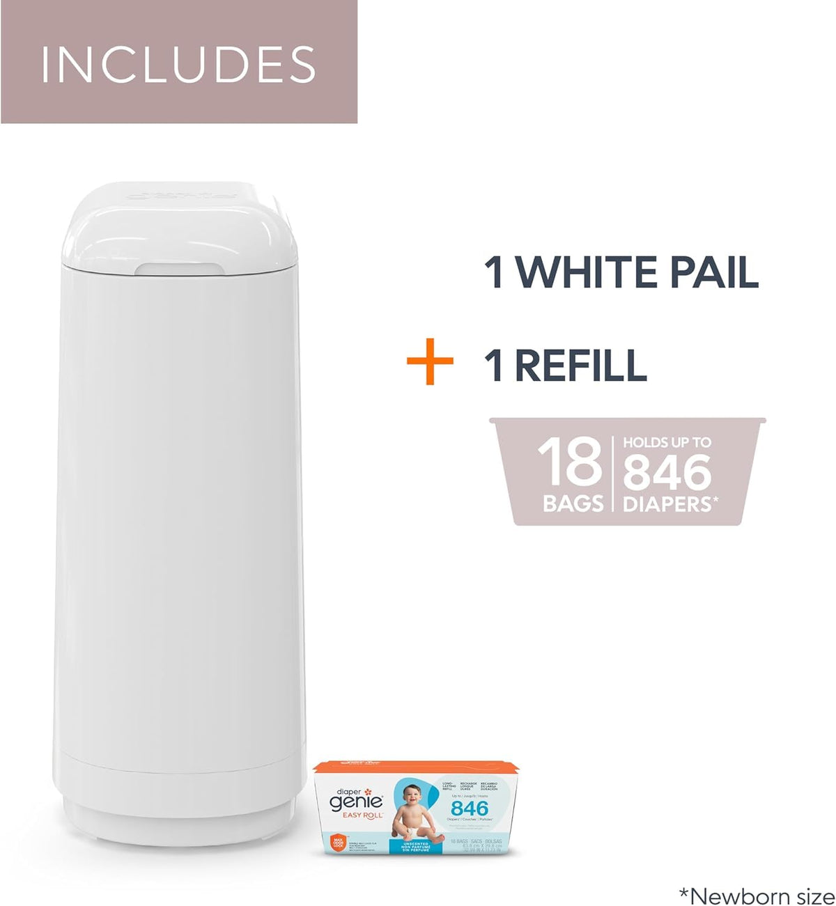 Diaper Genie Essence Pail, White, with 18 Refill Bags