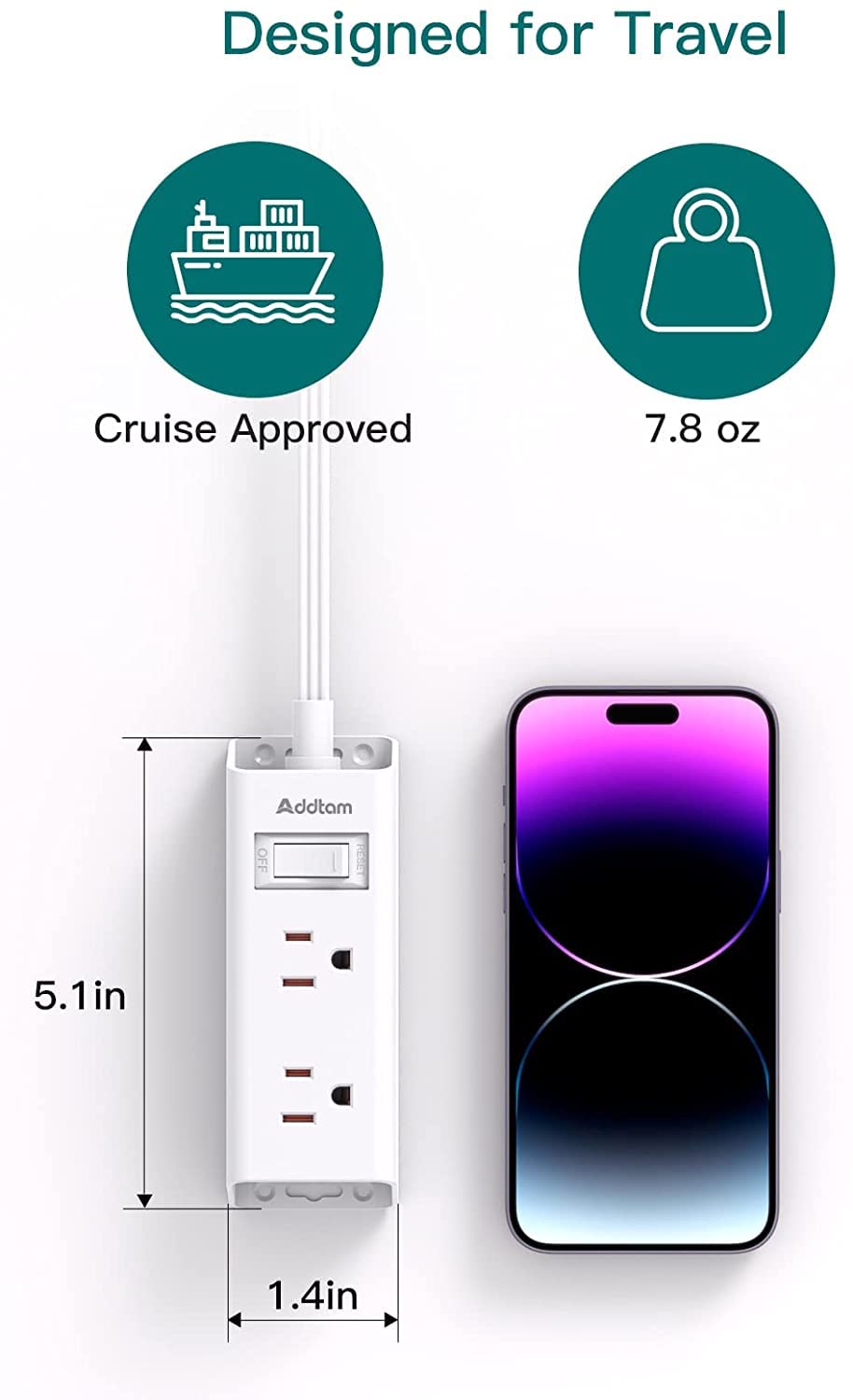 Addtam Ultra Flat Plug Power Bar, 6 Outlets, No Surge Protector, 5 ft