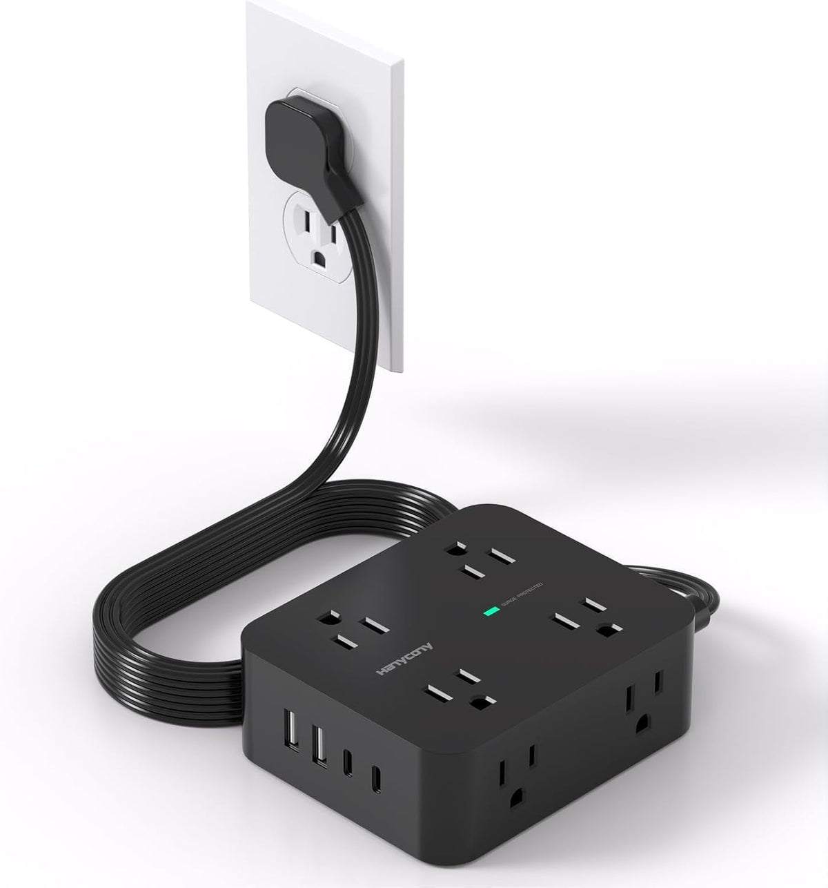 Flat Plug Surge Protector Power Bar with 4 USB Ports, 5 ft, Black