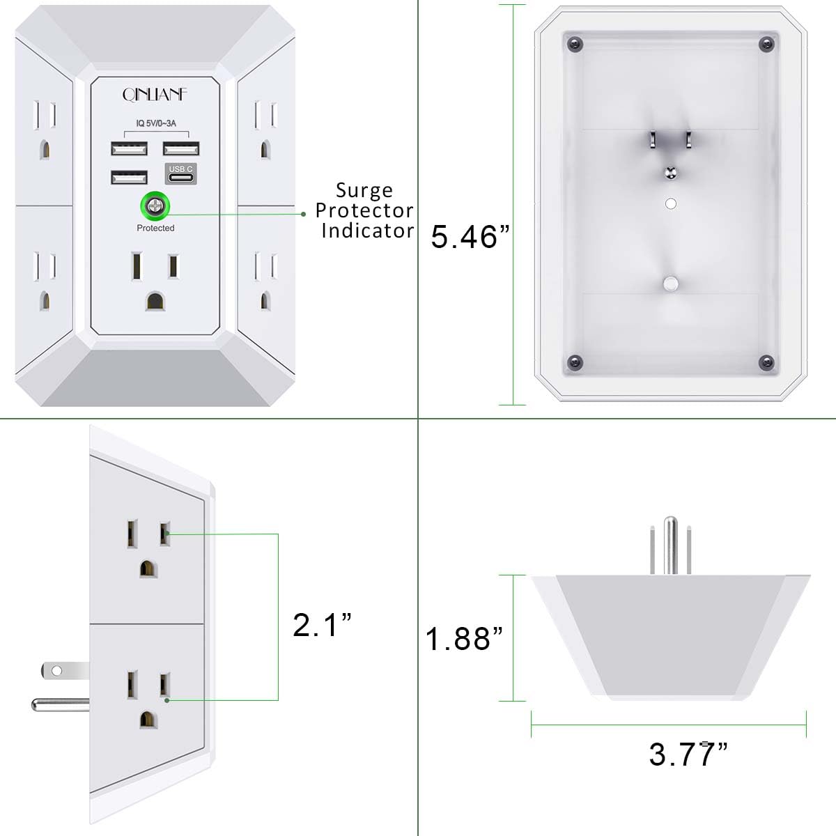 QINLIANF 5 Outlet Wall Charger Surge Protector with 4 USB Ports