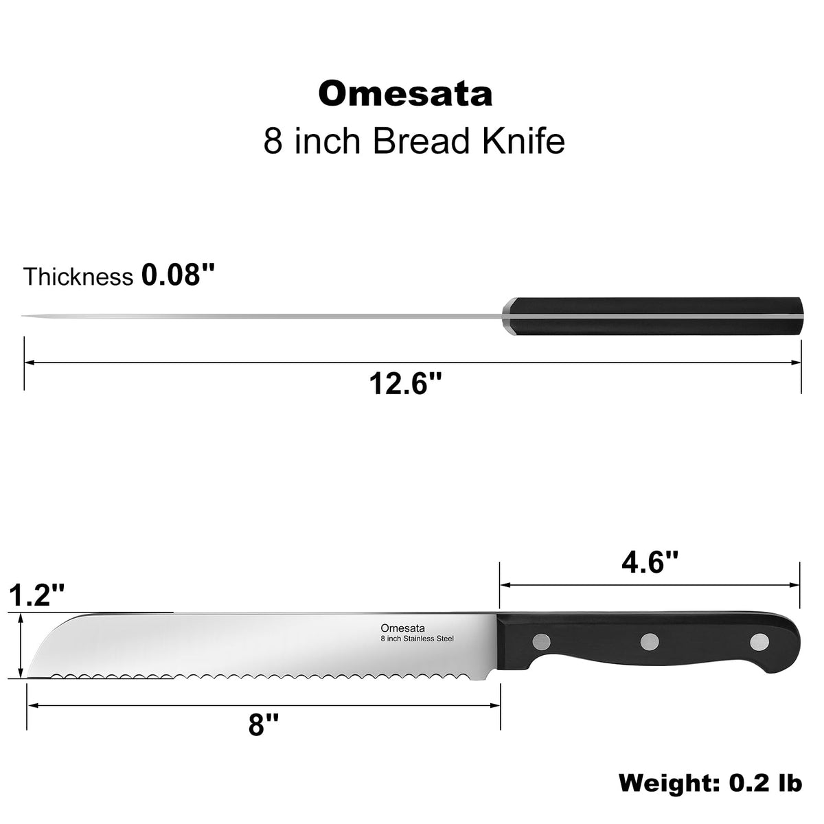 Omesata Serrated Bread Knife, 8 inch, Stainless Steel