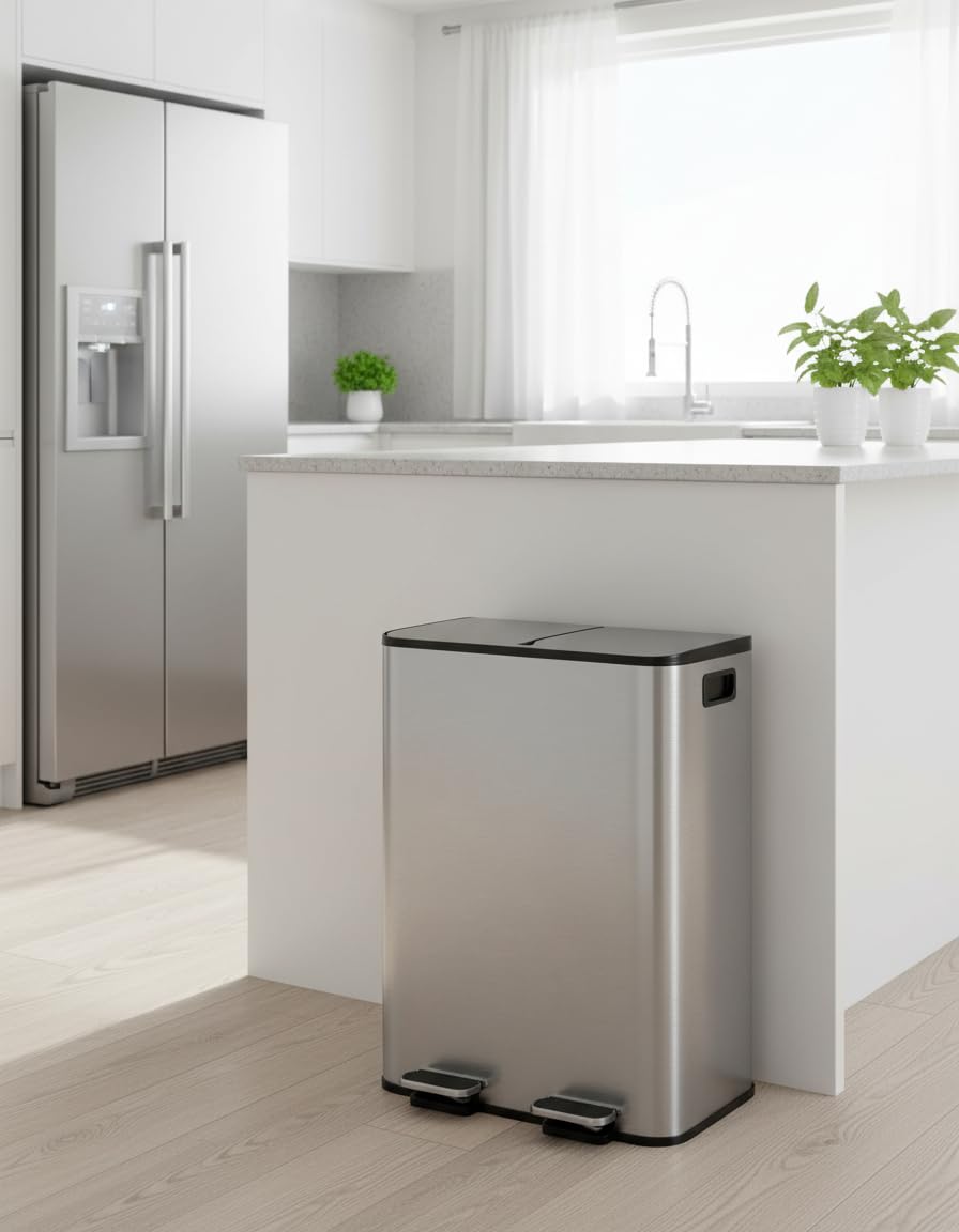 GarveeHome Dual Trash Can with Lid, 2 x 8 Gallon, Stainless Steel