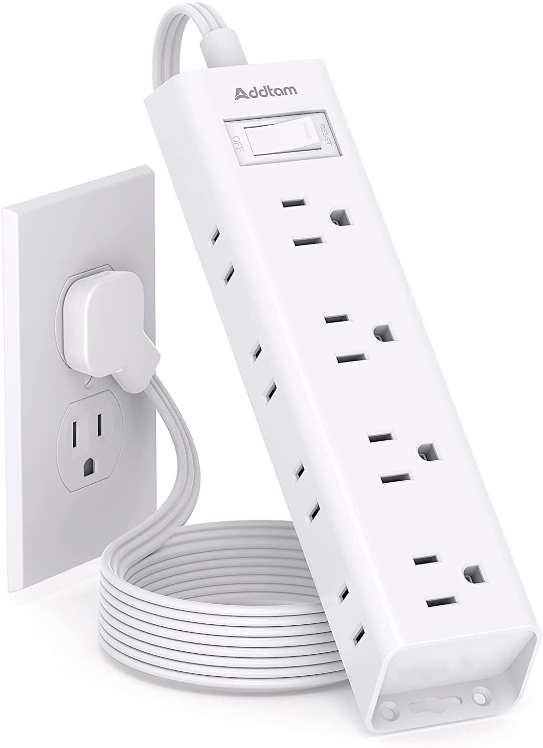 Addtam Flat Plug Power Bar, 12 Outlets, 1050J, 5 ft