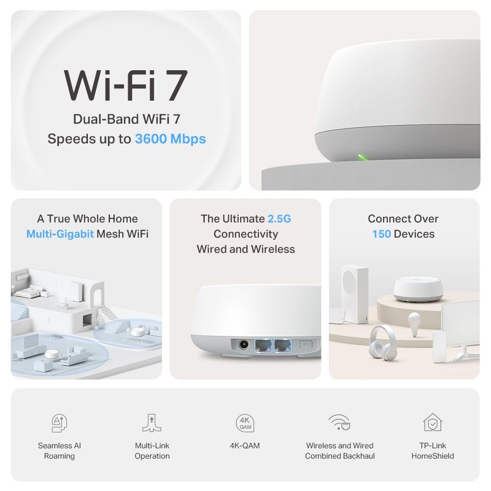 TP-Link Deco 7 BE25 BE5000 WiFi 7 Mesh System, 2-Pack