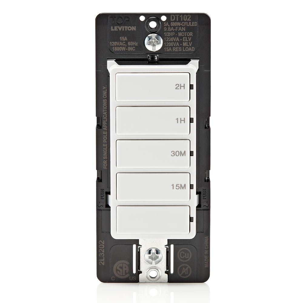 Leviton Countdown Timer Switch, 15-30 min, 1-2 Hour, DT102-1LW, White