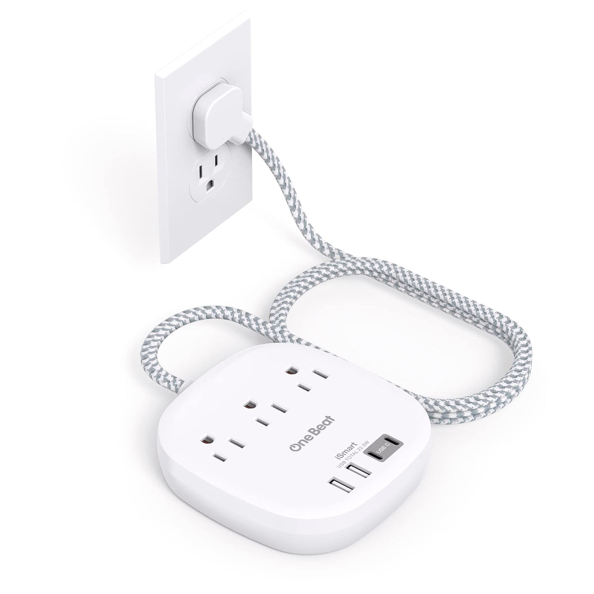 One Beat Flat Plug Power Bar, 3 Outlets, 4 USB, 6 ft
