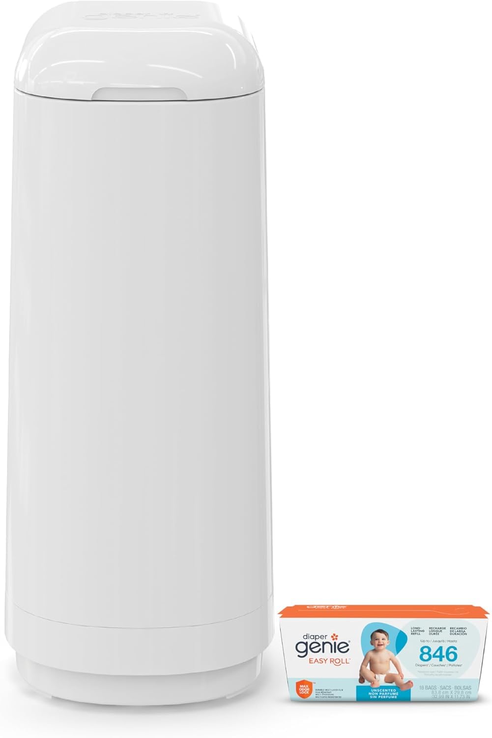 Diaper Genie Essence Pail, White, with 18 Refill Bags