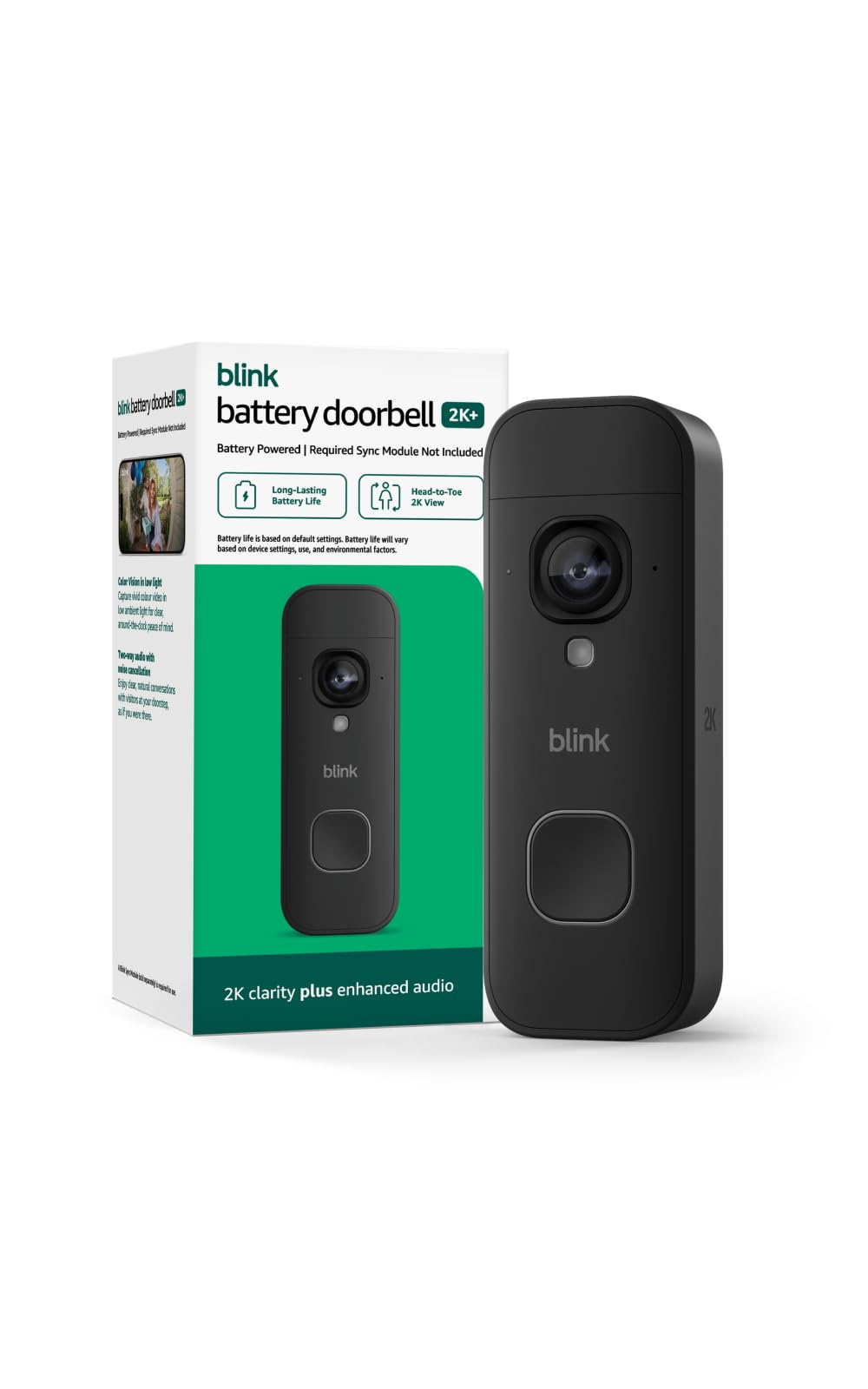 Blink Battery Doorbell 2K+ Wireless Video Doorbell, Add-On, Black