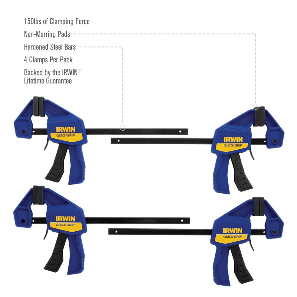 Irwin Quick-Grip One-Handed Mini Bar Clamps, 6 Inch, 4 Pack