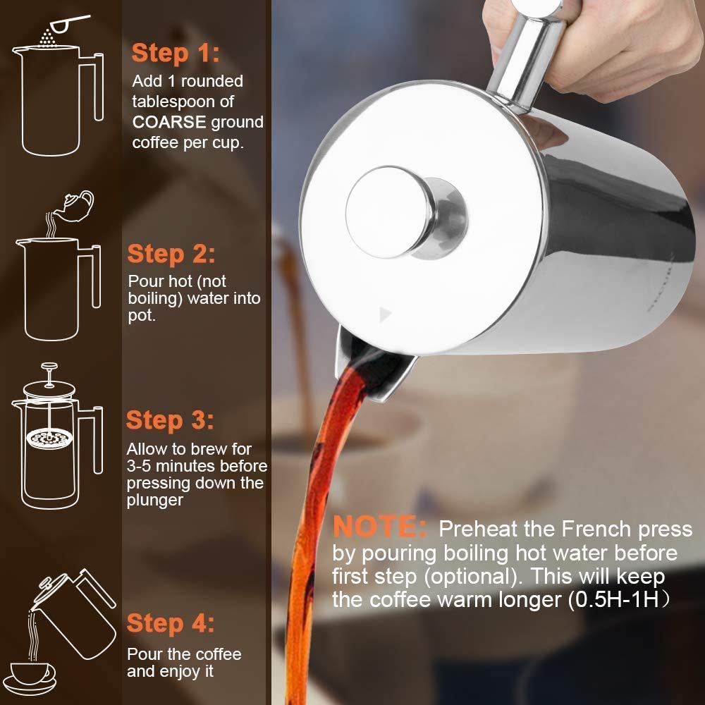 Secura French Press Coffee Maker, 34 oz (1 L), Stainless Steel, Silver