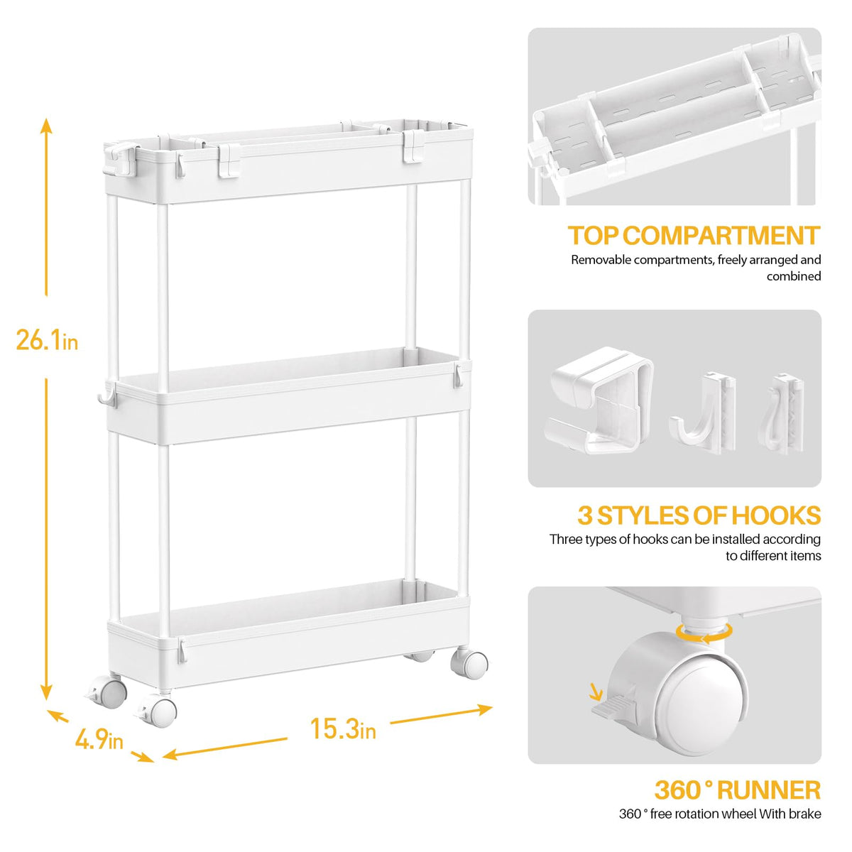 Spacelead 3-Tier Slim Rolling Storage Cart, White