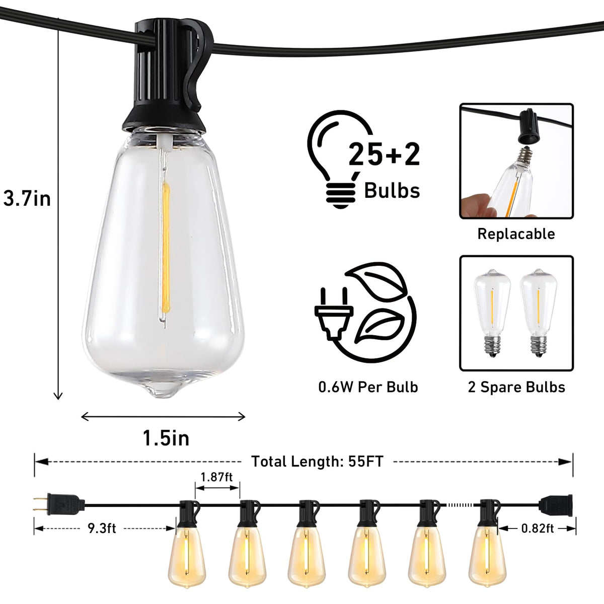 55 ft Outdoor String Lights with 27 Shatterproof ST38 LED Bulbs
