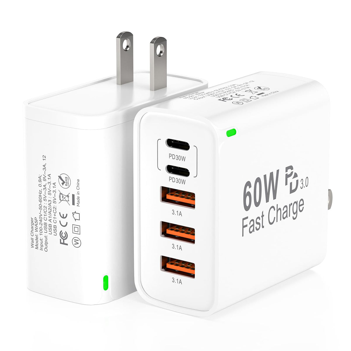 USB C Fast Charger Block, 60W 5-Port, 2 Pack