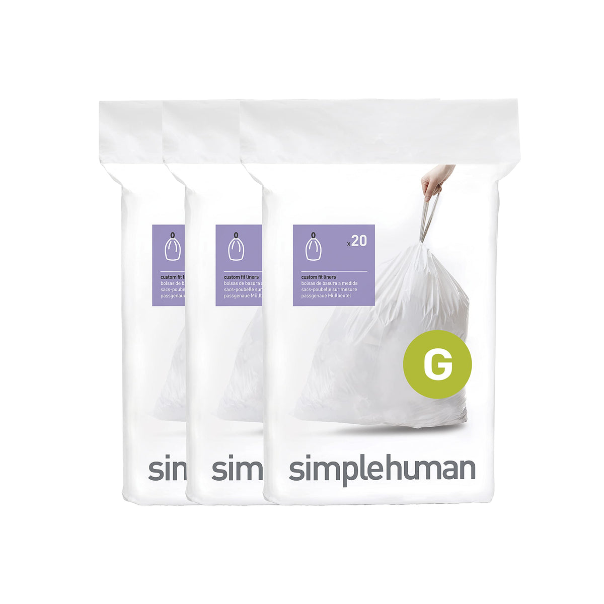 simplehuman Code G Custom Fit Trash Bag Liners, 30L, 60 Count, White