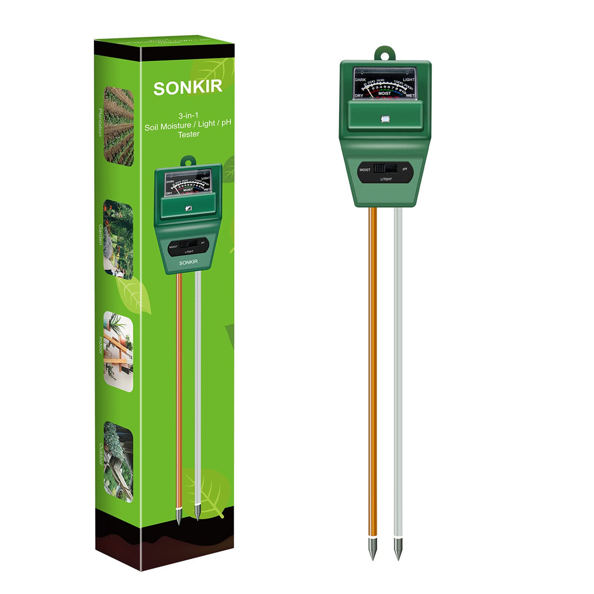 Sonkir MS02 3-in-1 Soil Moisture, Light & pH Tester, Green