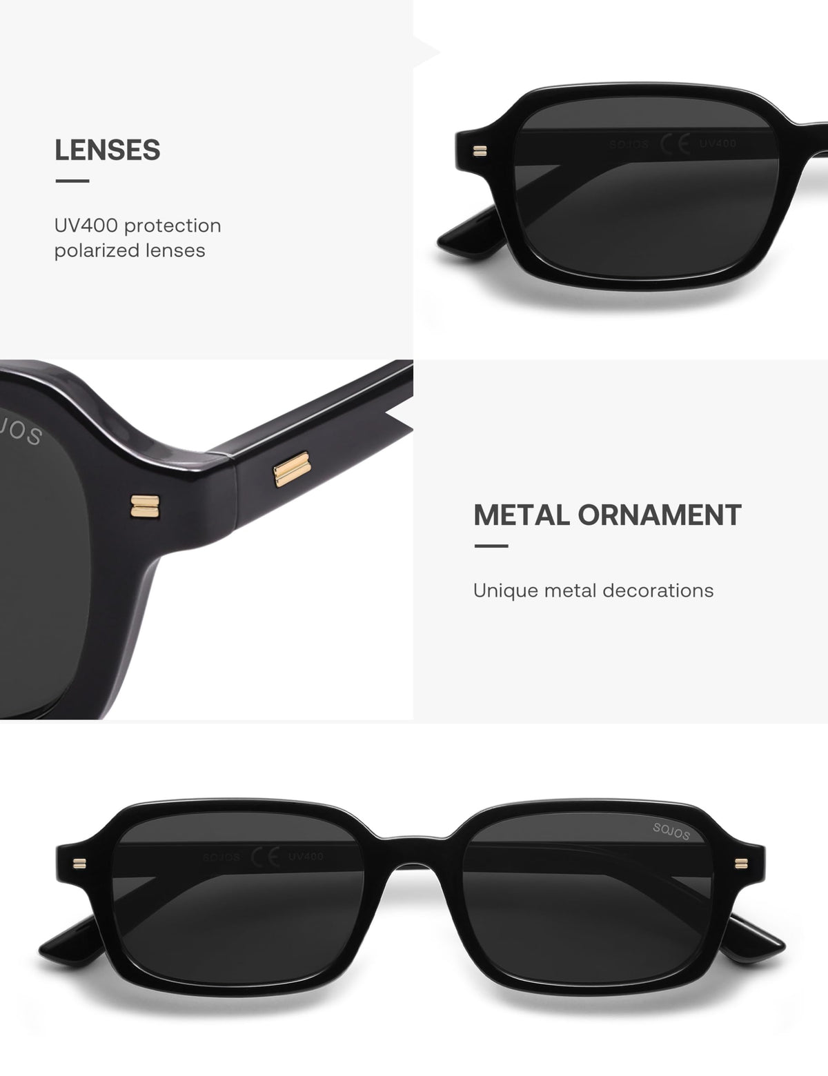 SOJOS SJ2610 Rectangle Polarized Sunglasses, Black/Grey