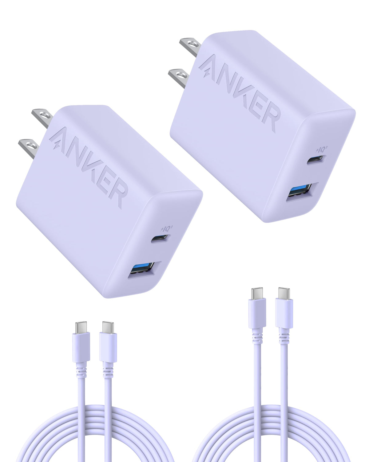 Anker 20W Fast USB C Charger for iPhone, Purple, 2 Pack with 2 Cables