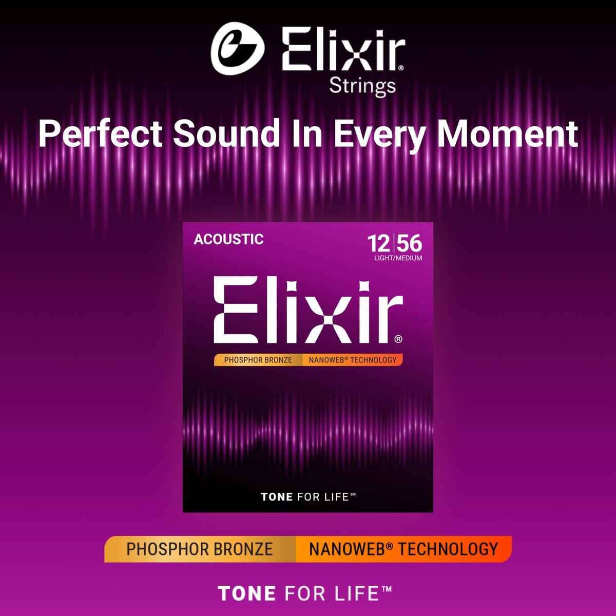 Elixir 16077 Phosphor Bronze Nanoweb Acoustic Guitar Strings, 12-56