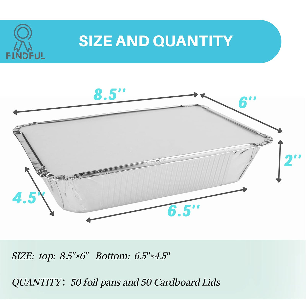 Aluminum Foil Pans with Lids, 50-Pack, 8.5" x 6", 2.25 LB Capacity