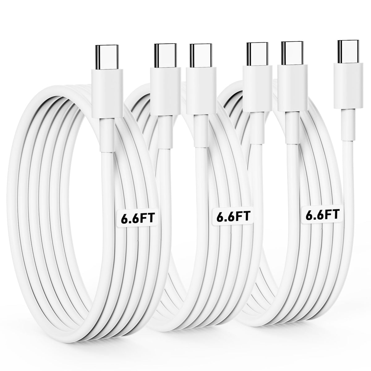 USB C to USB C Cable, 60W, 6.6FT, White, 3 Pack