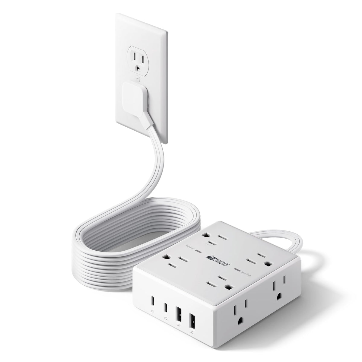 SUPERDANNY Flat Plug Surge Protector, 8 Outlets, 4 USB, 10 ft, White