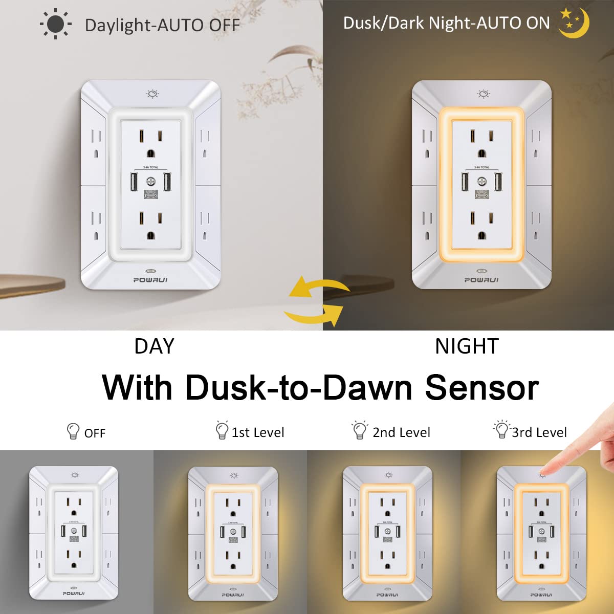 Powrui 3-Sided Power Bar, 6-Outlet, 3 USB Ports, Night Light, White