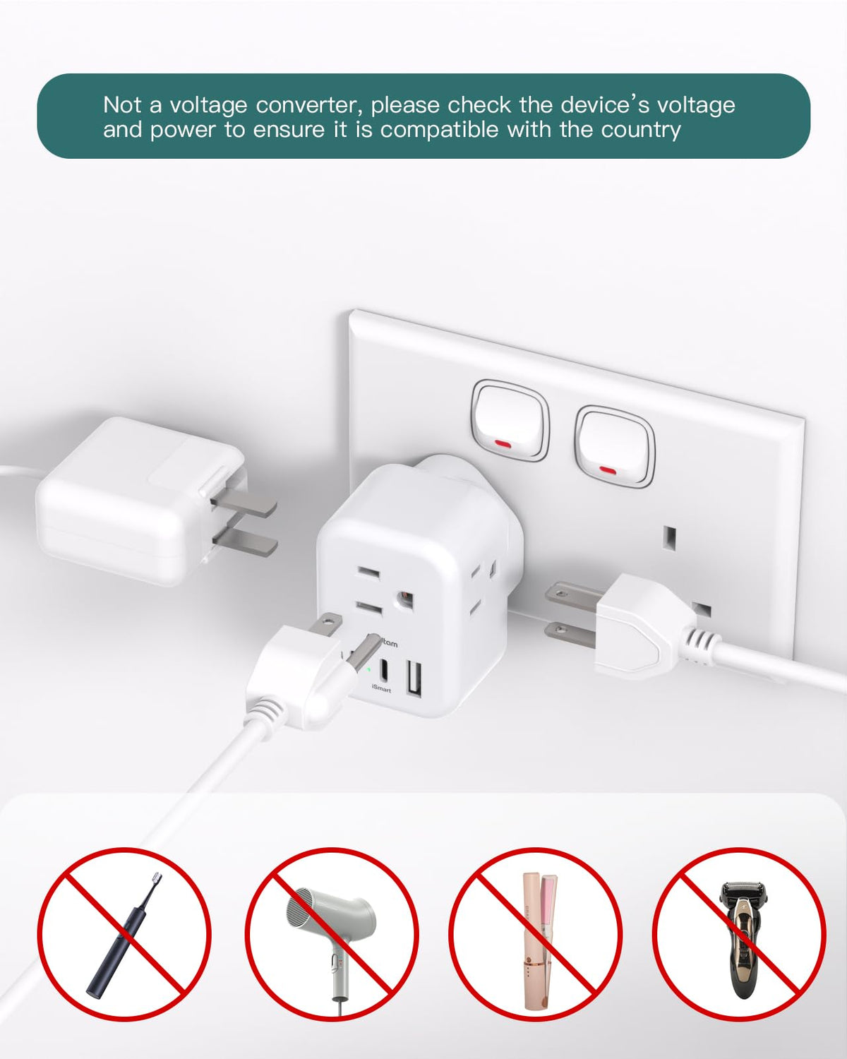 Addtam Type G UK Travel Plug Adapter, 3 AC Outlets, 3 USB, 2 Pack