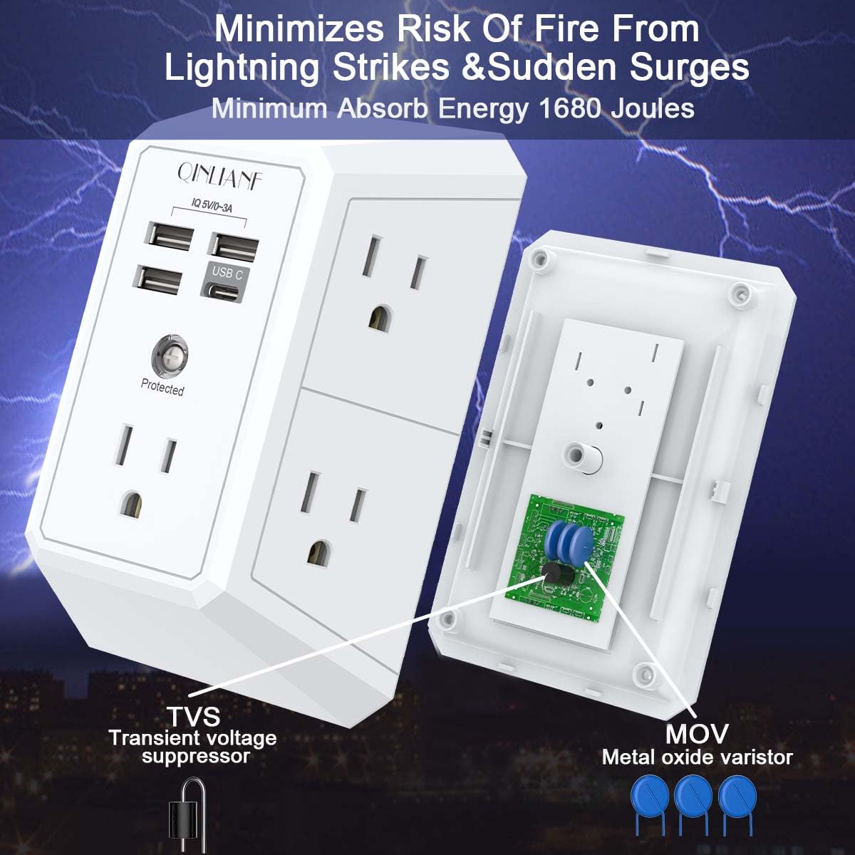 QINLIANF 5 Outlet Wall Charger Surge Protector with 4 USB Ports