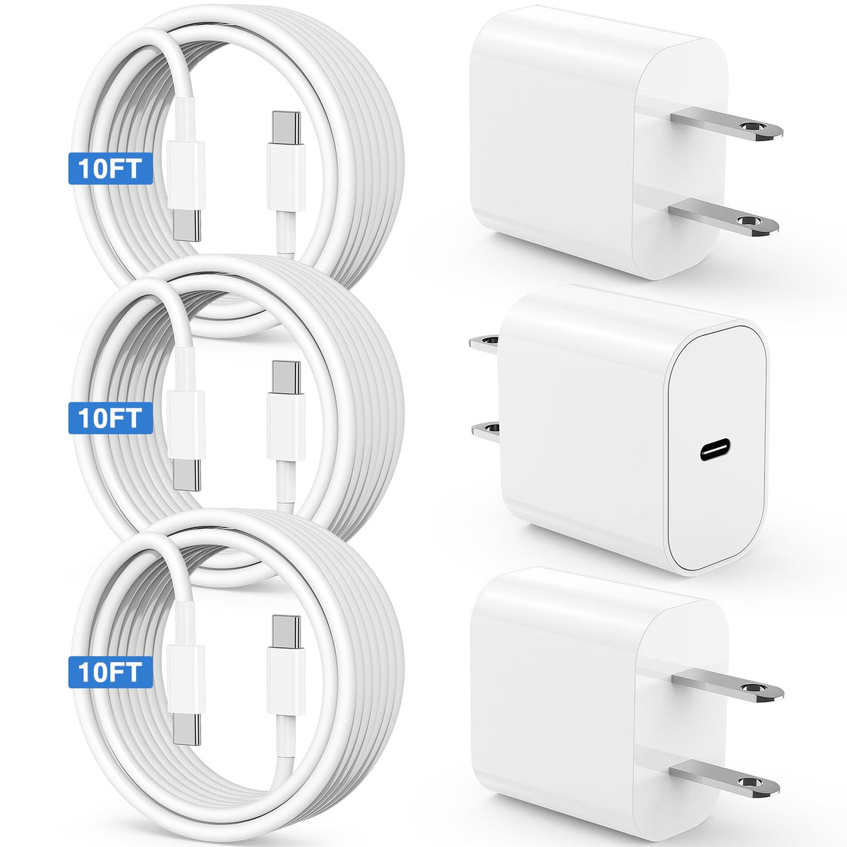 Susnwere 20W USB C Charger Block with 10Ft Cable, 3 Pack