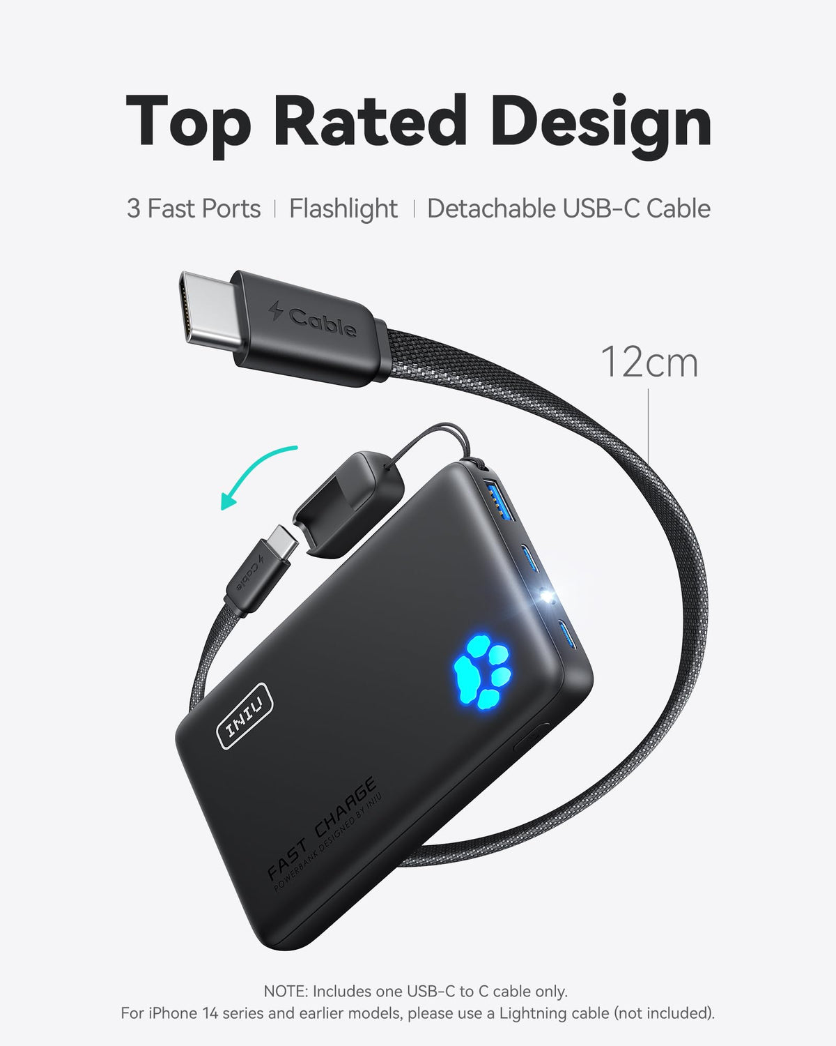 Iniu Compact Power Bank, 10000mAh, 45W, Detachable USB-C Cable