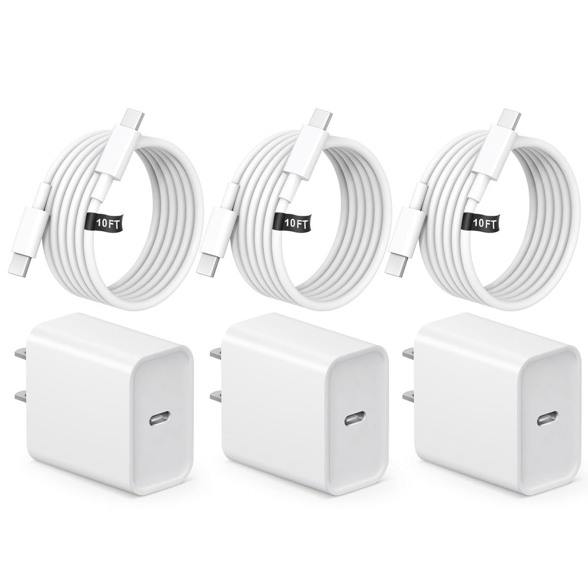 USB C to Type C Cable with Charger Block, 10FT, 3 Pack