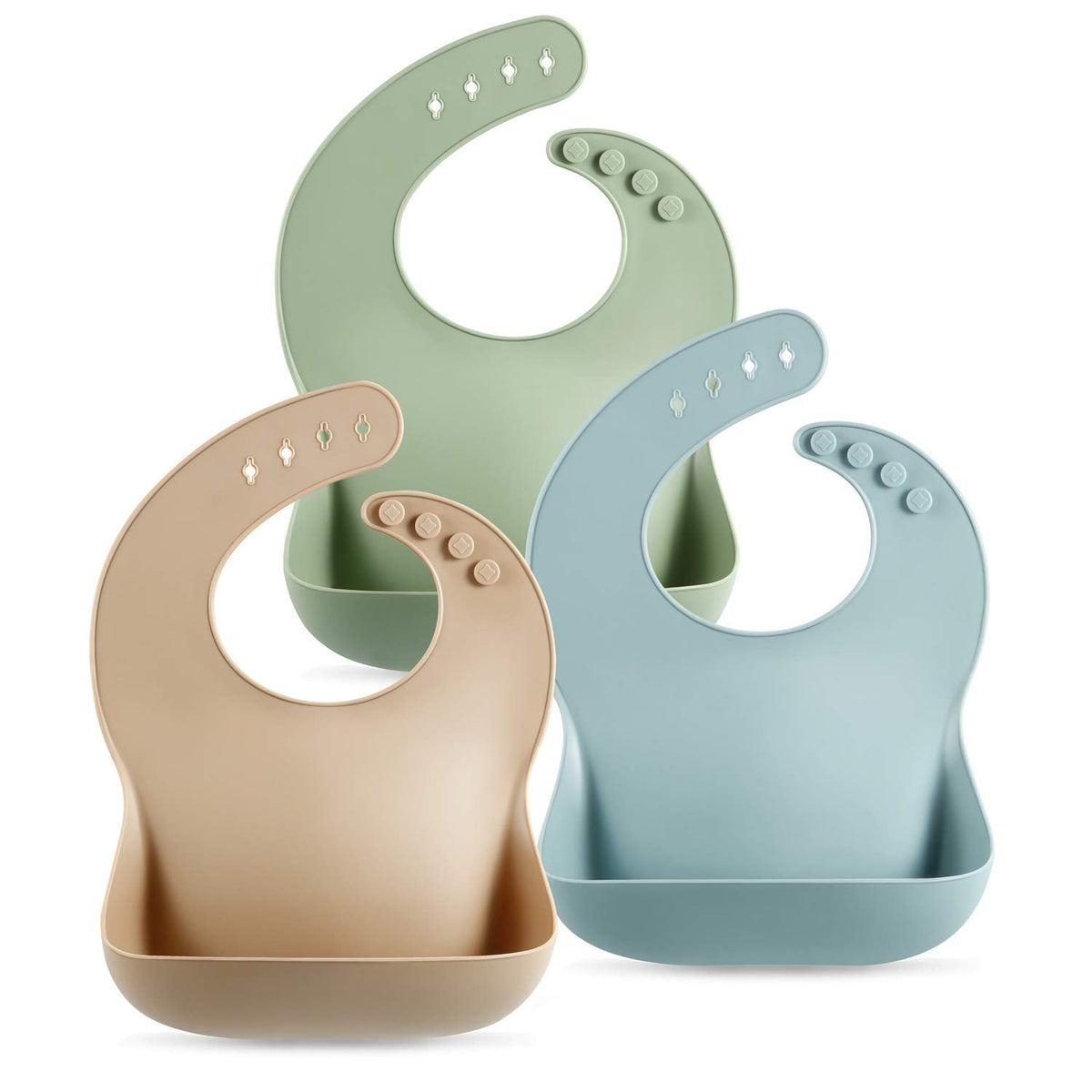 PandaEar Silicone Baby Bibs, Brown/Blue/Green (3 Pack)