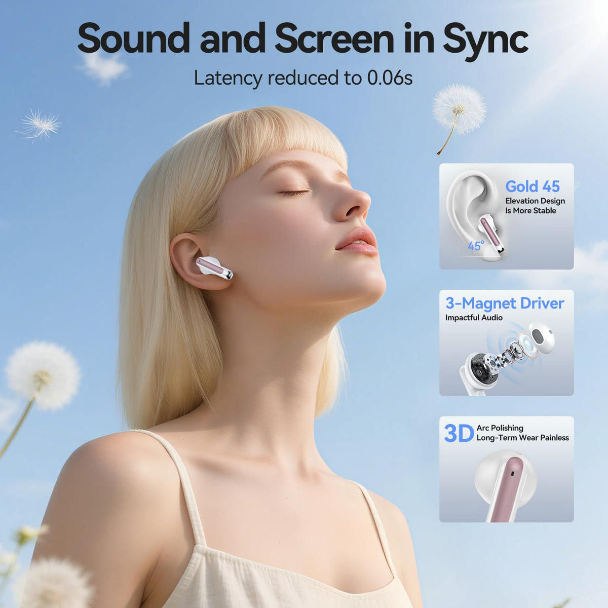 Bluetooth 5.4 Wireless Earbuds with ENC Mics, Rose Gold
