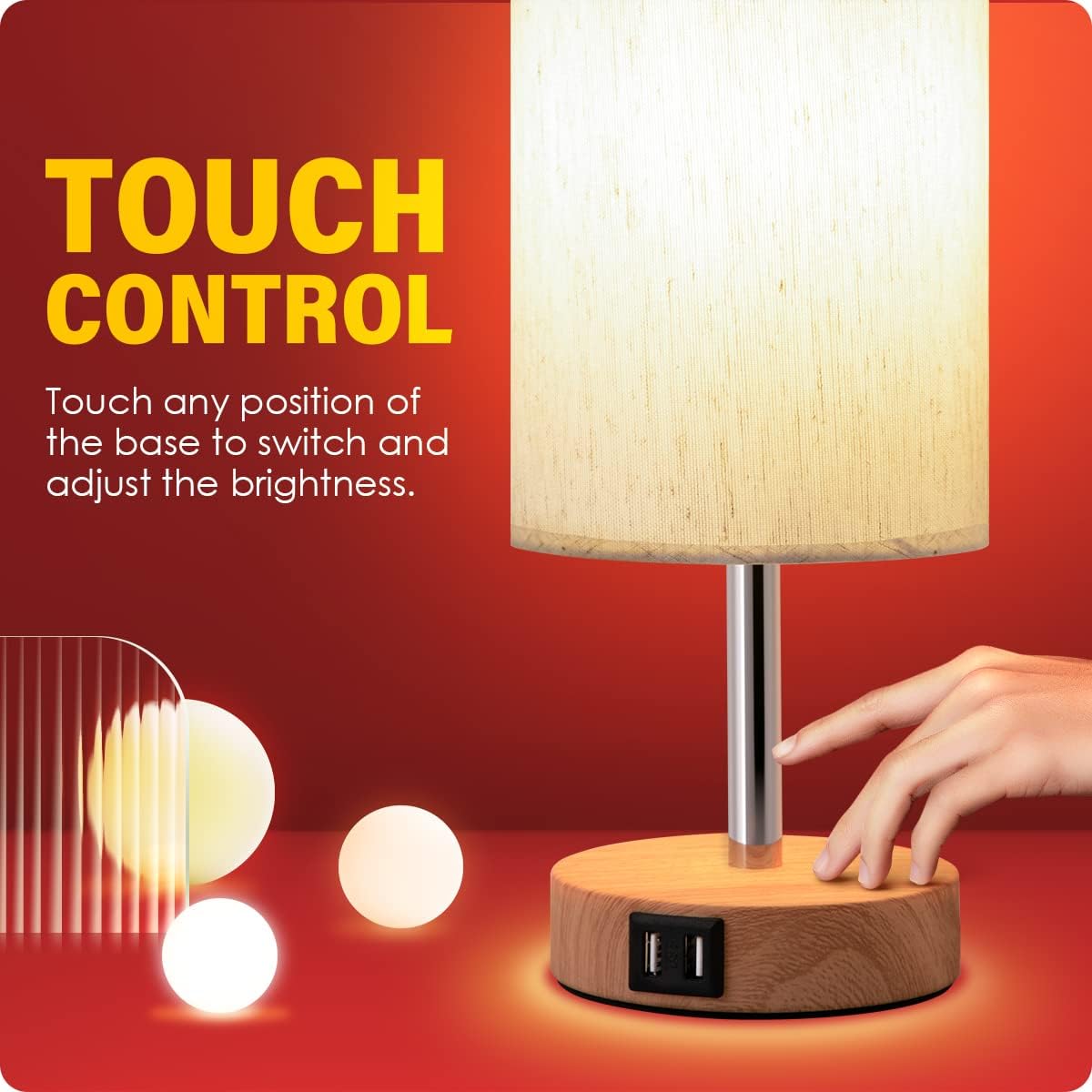 Yarra-Decor Touch Control Wood Bedside Lamp with USB Port